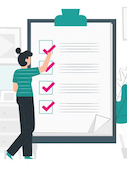 survey_tool_link Cartoon person puting checks in check boxes on a clipboard