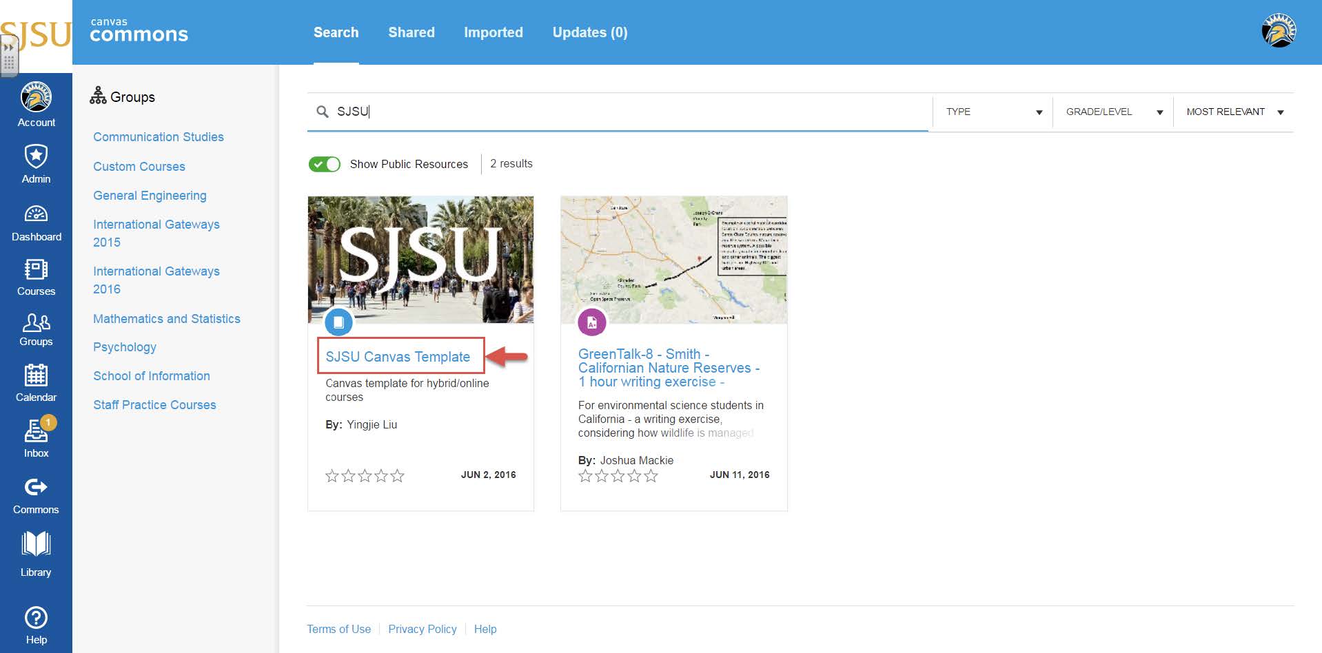 Import SJSU template to Course in Canvas image