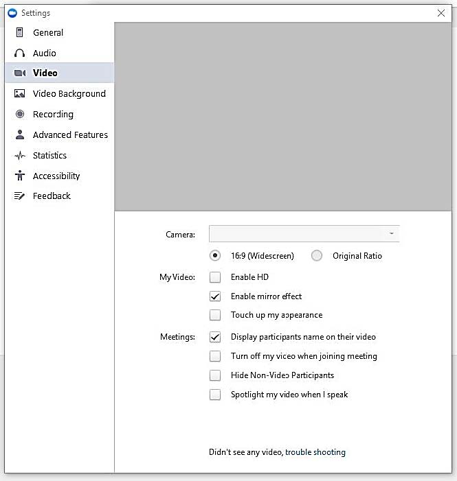 Video settings panel