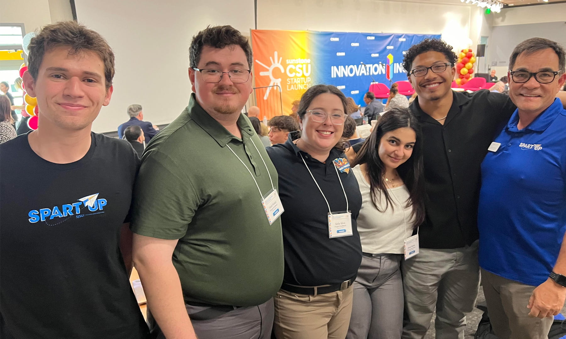 CSUSL2024 competitors ConcussionCoach and Firewatch student groups pose with SpartUp staff