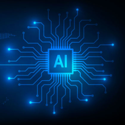 Representation of a circuit chip with the word "AI" in the center. 