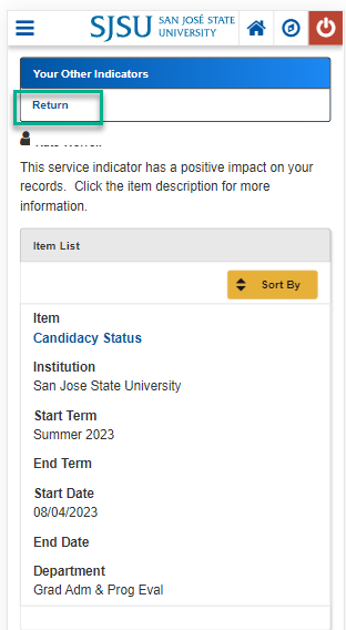 MySJSU Student Mobile Academics Section Return Link