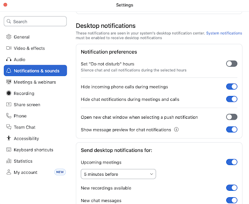 Screenshot of the Zoom Phone desktop notification settings.