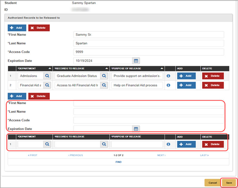 Screenshot of an “Authorized Records to be Released” form for a student. The page shows fields for authorized person’s first name, last name, access code, and expiration date; a table listing departments, records to release, and purpose of release with Add and Delete buttons; an empty section to add another authorized person; pagination controls; and Cancel and Save buttons at the bottom.