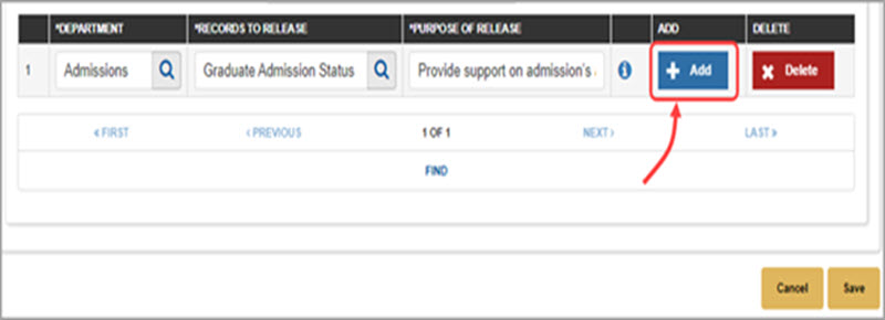 Authorization to Release page showing the Add button used to add selected records to the authorization.