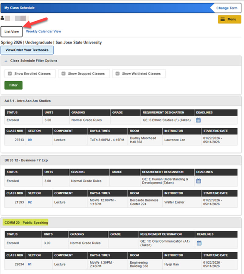 screenshot of class schedule on MySJSU