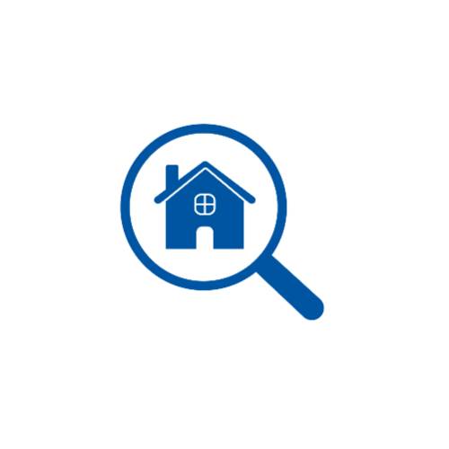 Blue magnifying glass icon with a house in the center, representing housing search assistance or off-campus housing resources.