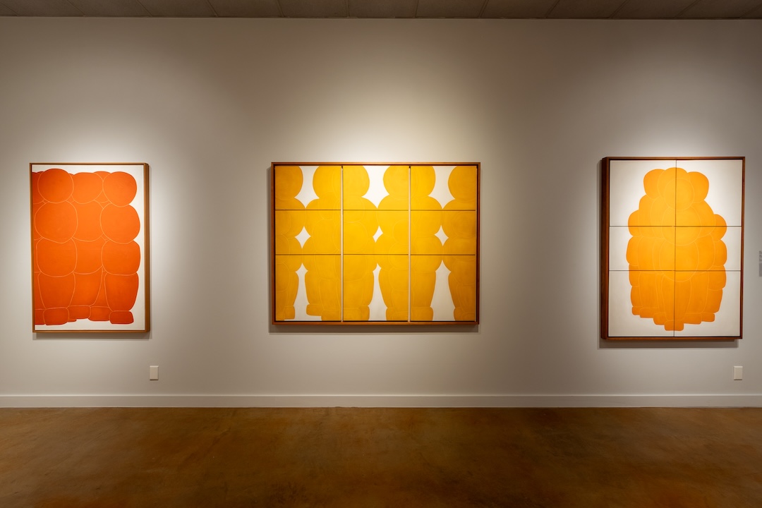 Diana Pumpelly Bates, Yellow and White (Right), 1966, Oil on panel; Yellow and White (Middle), 1966, Oil on panel, Orange and White (Left), 1966 – 1967, Oil on canvas